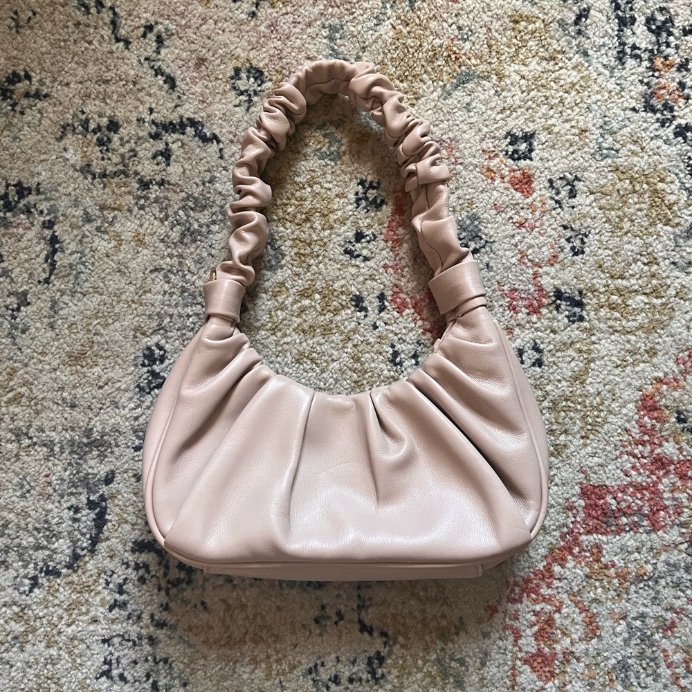 Tan Ruched Leather Shoulder Bag with Gathered Handle